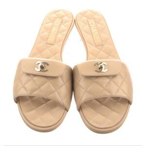 Chanel REV Beige Turnlock Quilted Gold CC Logo Mules Slide Sandals 39.5